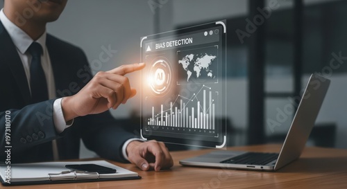 Professional analyzing digital interface with bias detection charts and global map on futuristic screen