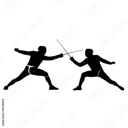 Two fencers dueling with swords, silhouette on white background