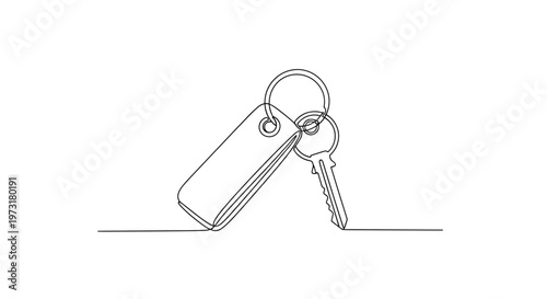 Hotel room key with key tag in line art illustration