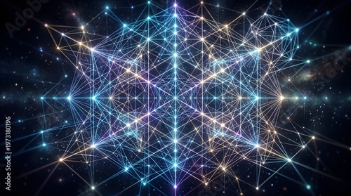 A brilliant, intricate digital network of glowing blue, purple, and gold lines interconnects, forming a futuristic abstract geometric web.