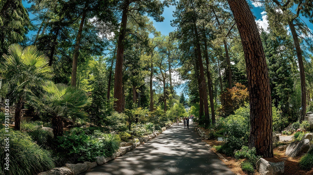 Fototapeta premium Serene Pathway Through Lush Green Forest with Towering Trees