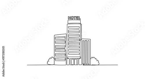 Hotel building exterior with sign in line art illustration