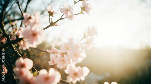 Pink Cherry Blossom Branches Swaying Against Clear Blue Sky