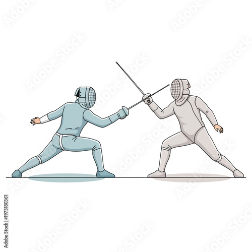 Two Fencers in Protective Gear Duel with Swords, Dynamic Stance, Sport Illustration