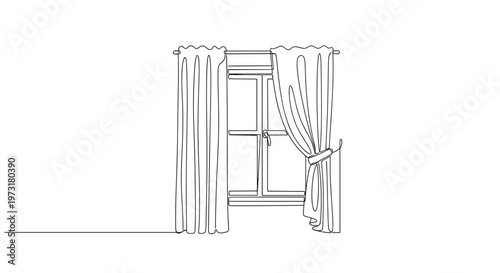 Window with curtains in hotel room line art illustration