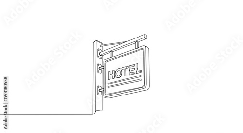 Hanging hotel sign on building wall line art illustration