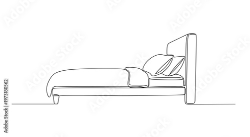 Bed with pillows in hotel room line art illustration