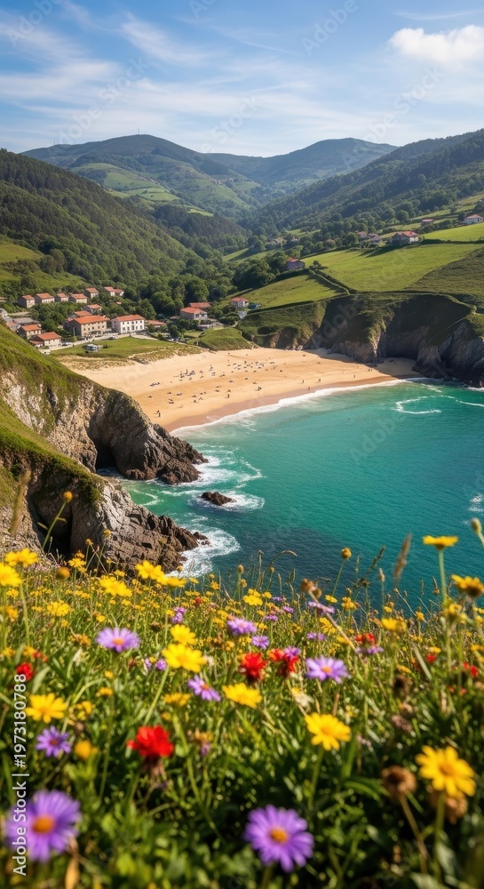 Naklejka premium Stunning Coastal Paradise - A Vibrant Beach Scene with Lush Greenery and Flowers.
