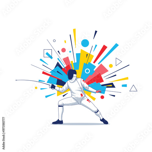 Fencer in action with colorful abstract explosion background