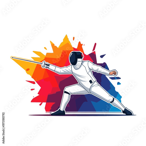 Fencer In Action With Colorful Abstract Background, Sport Illustration