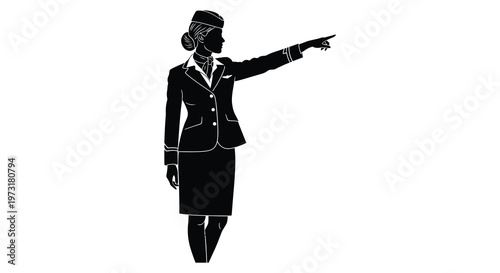 A striking black silhouette of a flight attendant gesturing forward showcasing classic uniform details silhouette high quality professional detailed modern elegant