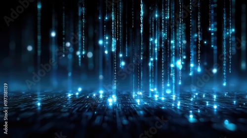 Glowing Binary Code Rain in a Digital Landscape with Vibrant Blue Lights and a Dark Background Creating a Futuristic and Technological Atmosphere for Visual Media