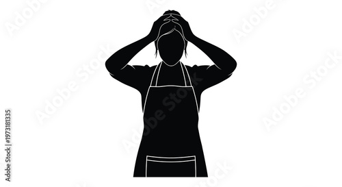 A black silhouette depicts a frustrated woman with hands on her head wearing an apron conveying stress or overwhelm silhouette