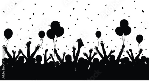 A jubilant crowd celebrates with raised hands and balloons depicted as a striking black silhouette high quality professional detailed modern elegant