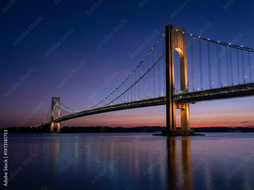 Fototapeta premium Suspension Bridge Twilight Cables Tower Evening Sky Engineering