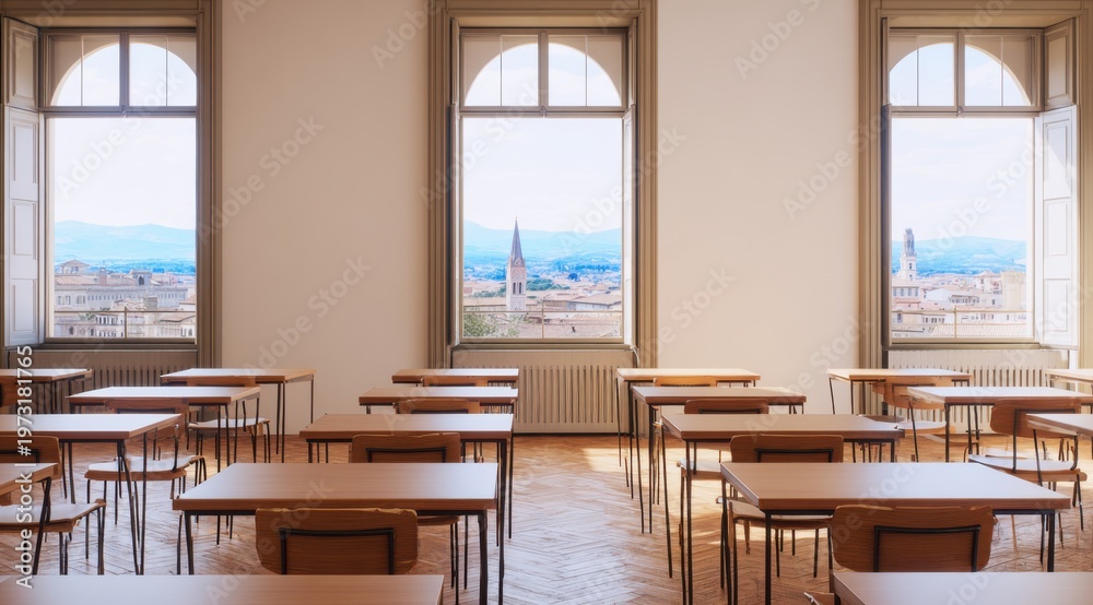 Obraz premium Empty vintage classroom with wooden desks and large windows overlooking a scenic cityscape