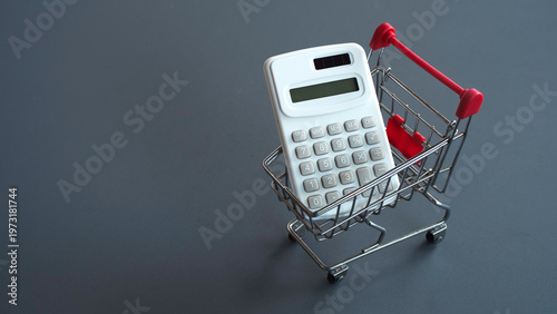 White calculator sitting inside a small shopping cart representing consumer budget, financial planning, and calculating costs of living.