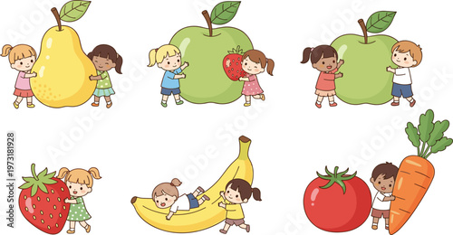 Cute kids with fruits vector illustration set featuring children holding apple, banana, strawberry, pear, tomato and carrot in playful cartoon style