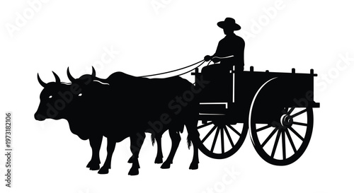A black silhouette depicts a farmer driving a traditional ox drawn cart through a rural landscape silhouette high quality professional detailed modern