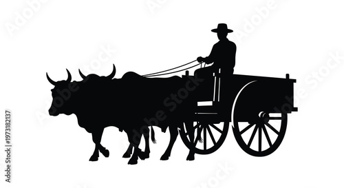 A black silhouette depicts a farmer driving a horse drawn cart showcasing a rural scene and traditional transport silhouette high quality professional