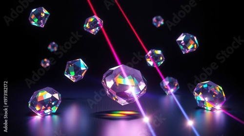 Floating crystals illuminated by vibrant pink, blue light beams. Reflective surfaces create colorful highlights, dark background enhances glow.