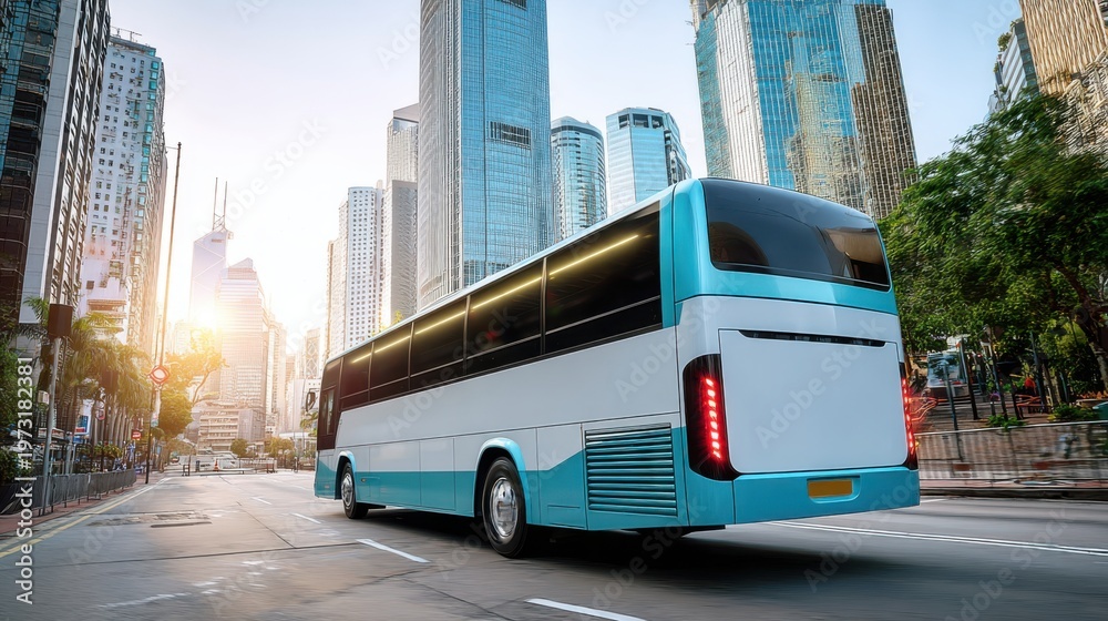 Fototapeta premium Modern Blue and White Coach Bus Driving on City Street with Tall Buildings in Background at Sunset