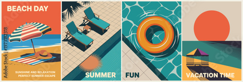 Retro posters, Sunlit beach with striped umbrella and lounge chairs. Blue pool ring floats in calm, turquoise water. Dramatic orange sun sets over a quiet hut. Summer vibe, vacation escape, fun energy