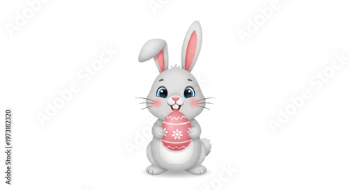 Cute Easter Bunny Holding Pink Decorated Egg, White Background