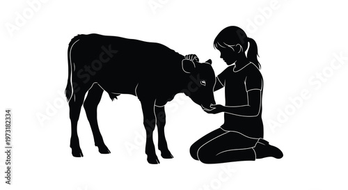 A young girl gently offers food to a calf in a peaceful rural scene depicted as a silhouette high quality professional