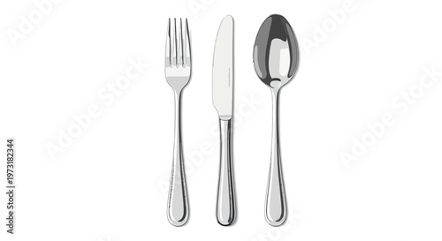 Shiny Metal Cutlery Set: Fork, Knife, and Spoon on White Background