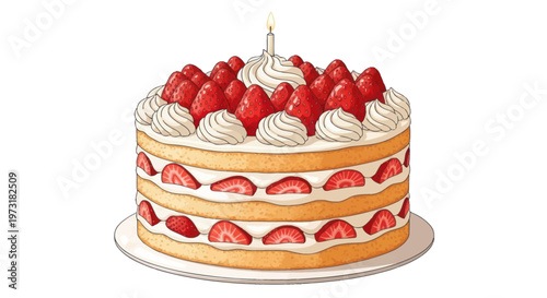 Delicious Strawberry Cake with Whipped Cream and Birthday Candle