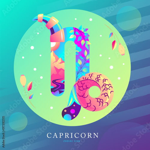 Modern magic witchcraft card with astrology Capricorn zodiac sign on fluorescent background. Flat design. vector illustration