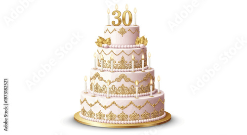 Elegant 30th Birthday Tiered Cake with Gold Decorations and Candles