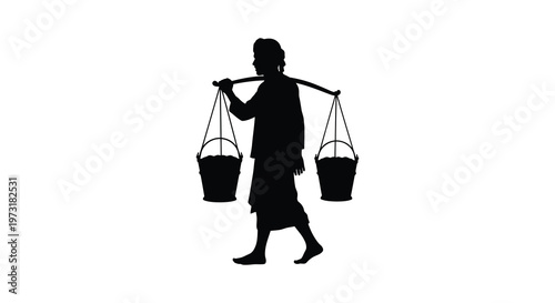 A solitary figure carrying two baskets on a yoke across their shoulders presented as a striking silhouette high quality professional detailed