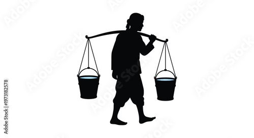 A striking black silhouette depicts a person carrying two buckets suspended from a yoke across their shoulders silhouette high quality professional