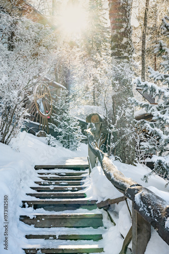 Snowy Wooden Steps in Serene Winter Forest