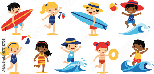 Kids Playing at the Beach Illustration Set with Surfboards, Beach Balls, and Swimming Activities for Summer, Vacation, and Outdoor-Themed Designs