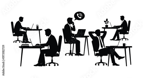 A black silhouette depicting various business professionals working in an office environment showcasing diverse postures and activities silhouette high quality professional
