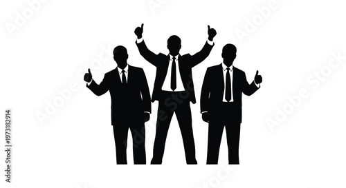 Three businessmen in suits celebrating success with raised arms and thumbs up a striking silhouette high quality professional detailed modern elegant