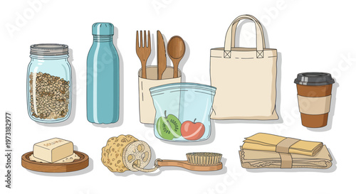 Eco-friendly reusable items collection: jar, bottle, cutlery, bag, coffee cup, soap, brush