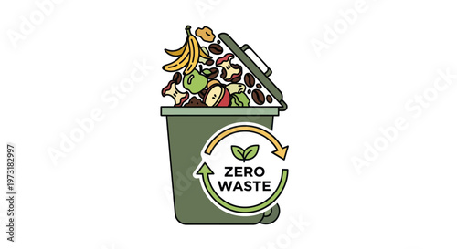 Zero Waste Food Scraps Bin with Recycling Arrows and Green Leaves Icon