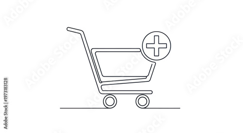 Shopping cart icon with plus sign, minimalist line art, e-commerce and adding to cart concept