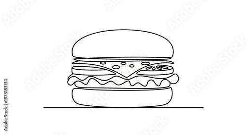 Minimalist line art drawing of a cheeseburger on a white background.
