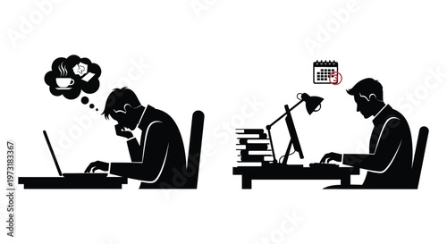 A man working at a desk daydreaming about coffee and cake contrasted with focused work a silhouette high quality professional