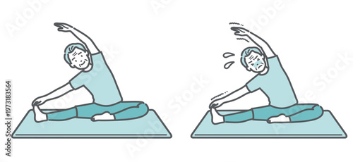 体側ストレッチをするシニア男性の比較セットイラスト