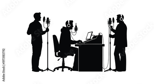 A black silhouette depicts a podcast recording session with three individuals and broadcasting equipment silhouette high quality professional detailed modern elegant
