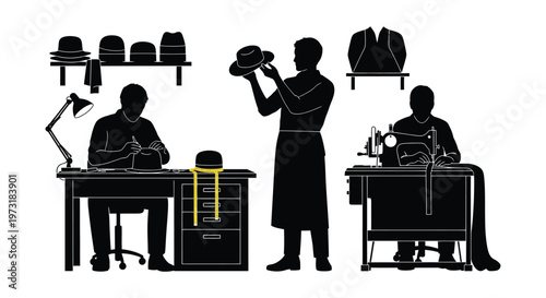 A vintage hat shop scene depicts artisans crafting headwear with a focus on detailed work and display silhouette high quality professional