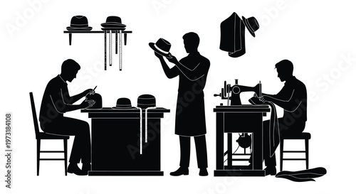 A black silhouette depicts tailors working with hats clothing and a sewing machine in a workshop silhouette high quality professional detailed
