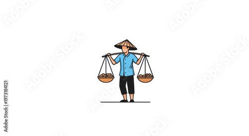 Asian Farmer Carrying Goods on Shoulder Pole