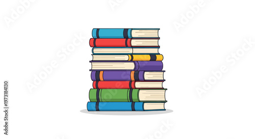 Stack of colorful hardcover books on a white background